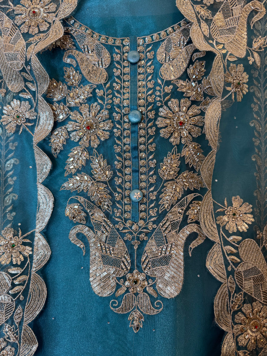 Zarevia – Blue Glass Tissue Zari Cutwork Suit