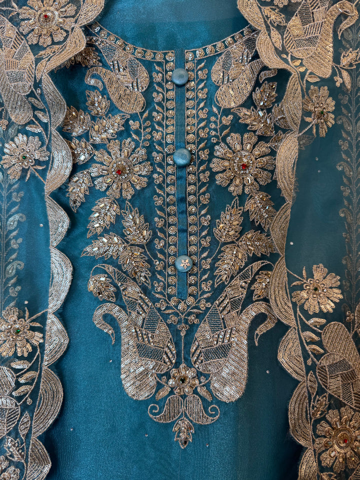 Zarevia – Blue Glass Tissue Zari Cutwork Suit
