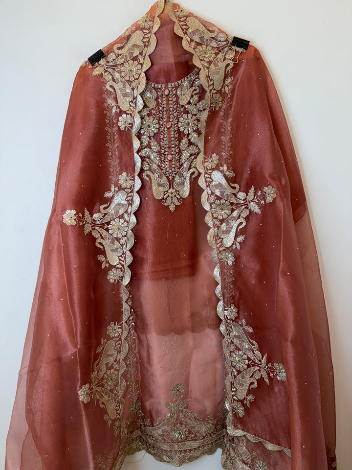 Zarevia – Rust Glass Tissue Zari Cutwork Suit