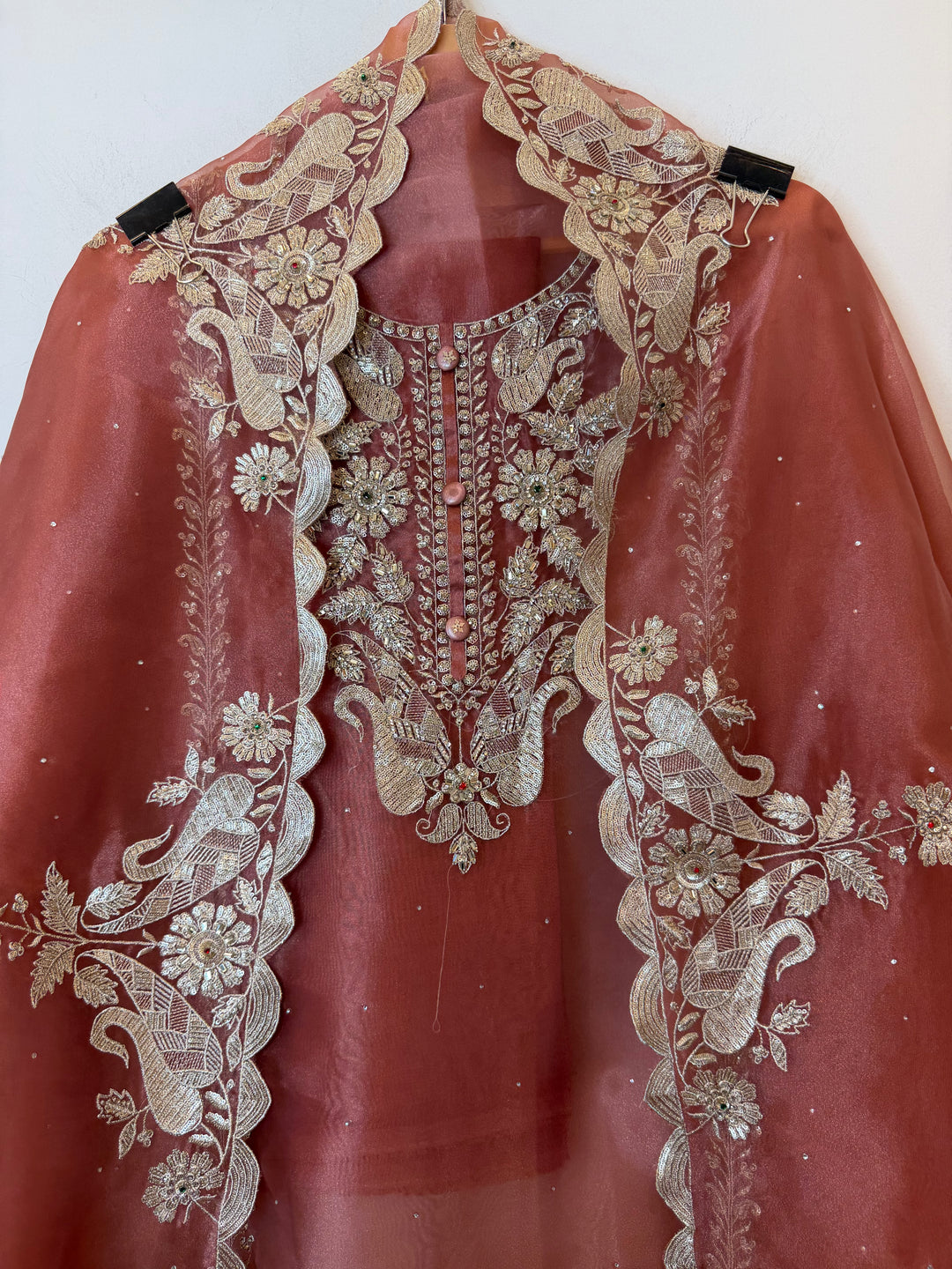 Zarevia – Rust Glass Tissue Zari Cutwork Suit