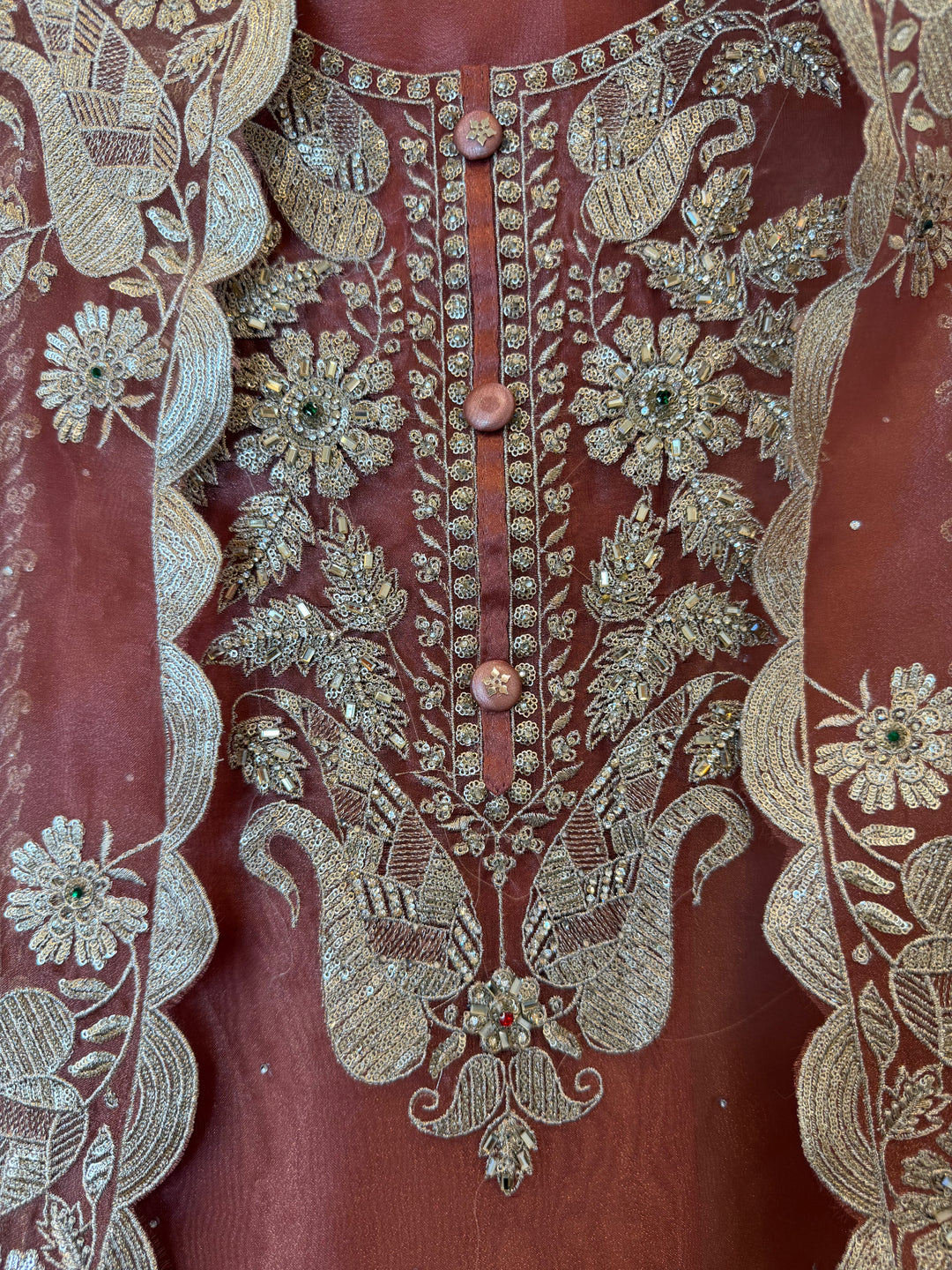 Zarevia – Rust Glass Tissue Zari Cutwork Suit