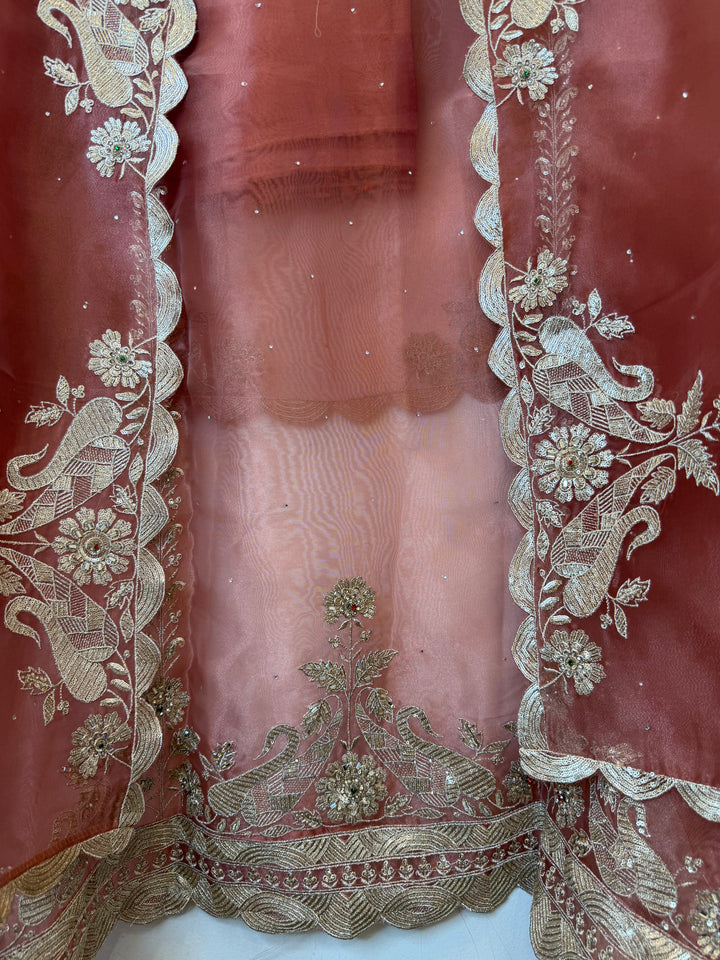 Zarevia – Rust Glass Tissue Zari Cutwork Suit
