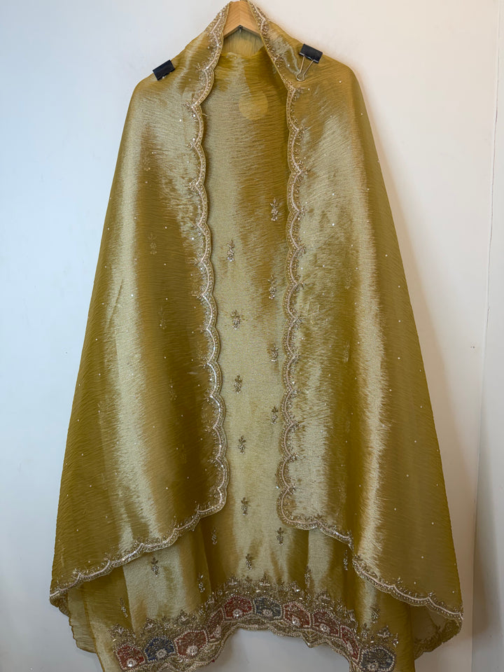 Ziraya – Mustard Yellow Glass Tissue Dabka Pearl Suit