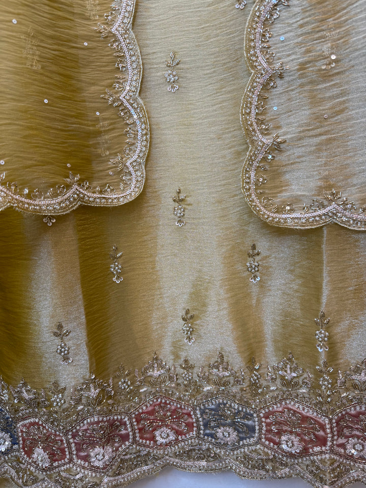 Ziraya – Mustard Yellow Glass Tissue Dabka Pearl Suit