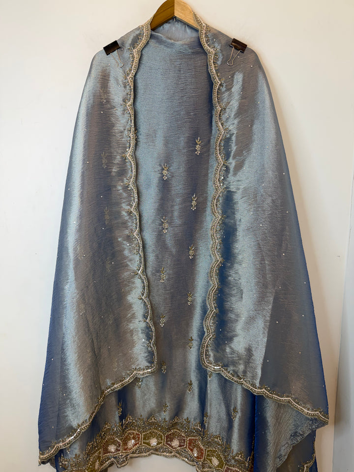 Ziraya – Blue Glass Tissue Dabka Pearl Suit