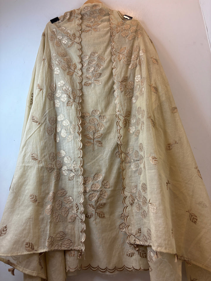 Beige Mul Chanderi Embroidered Tissue Appliqué Unstitched Suit