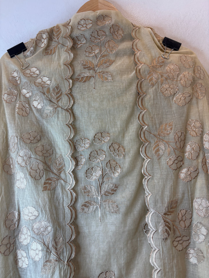 Beige Mul Chanderi Embroidered Tissue Appliqué Unstitched Suit