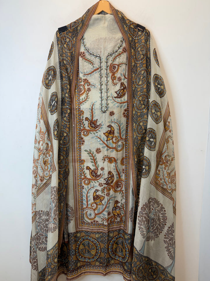 Mireza – Brown Mul Cotton Beaded Print Suit