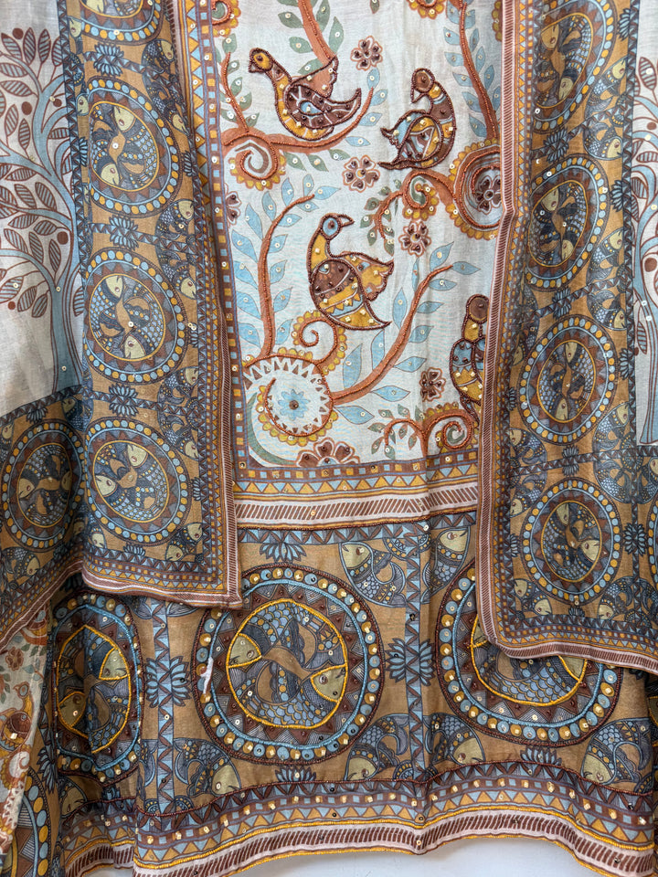 Mireza – Brown Mul Cotton Beaded Print Suit