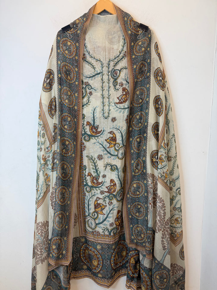 Mireza – Green Mul Cotton Beaded Print Suit