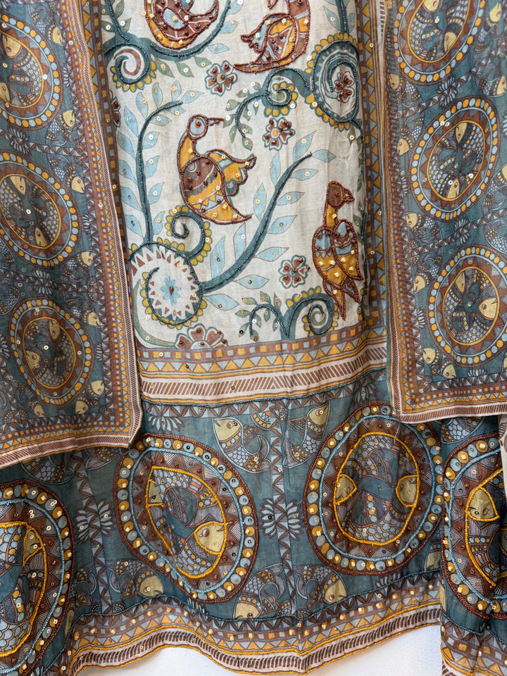 Mireza – Green Mul Cotton Beaded Print Suit