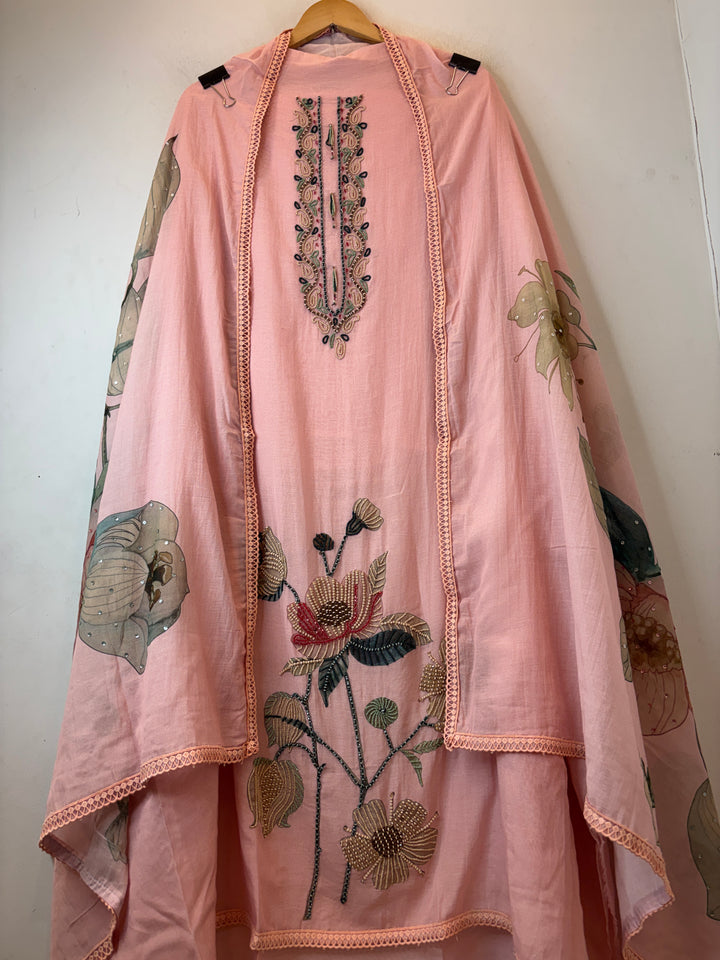 Pink Mul Chanderi Floral Printed Handwork Unstitched Suit