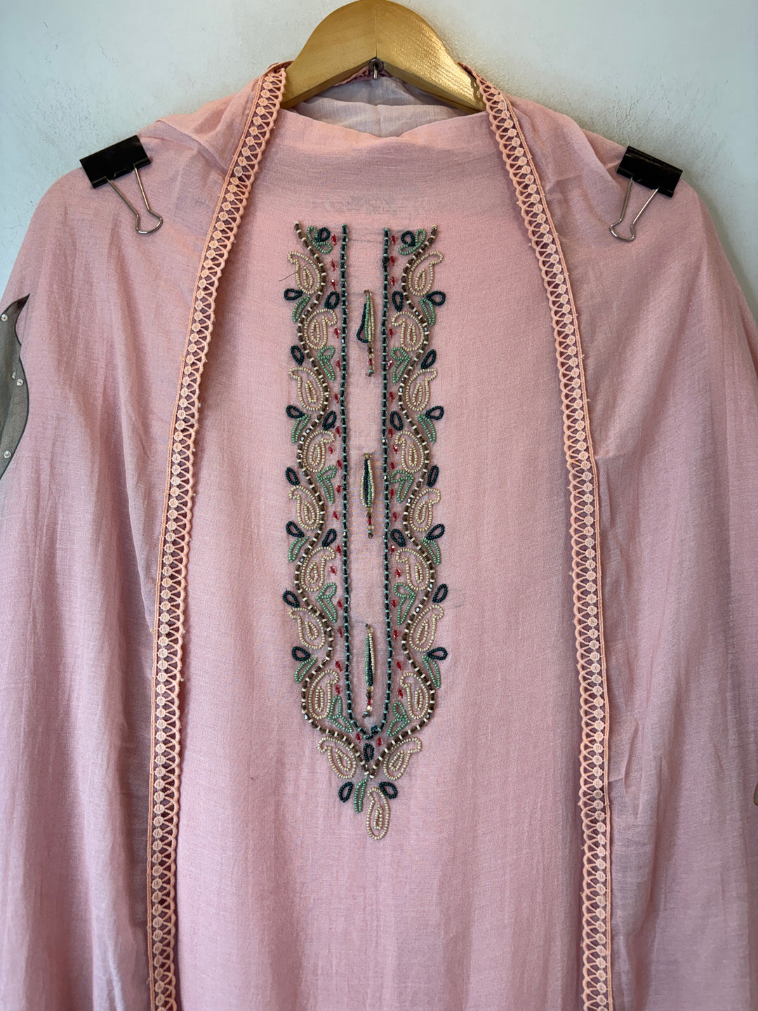 Pink Mul Chanderi Floral Printed Handwork Unstitched Suit