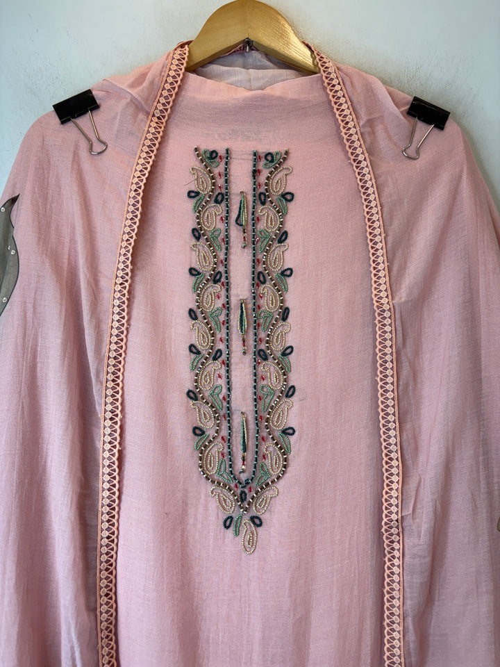 Pink Mul Chanderi Floral Printed Handwork Unstitched Suit