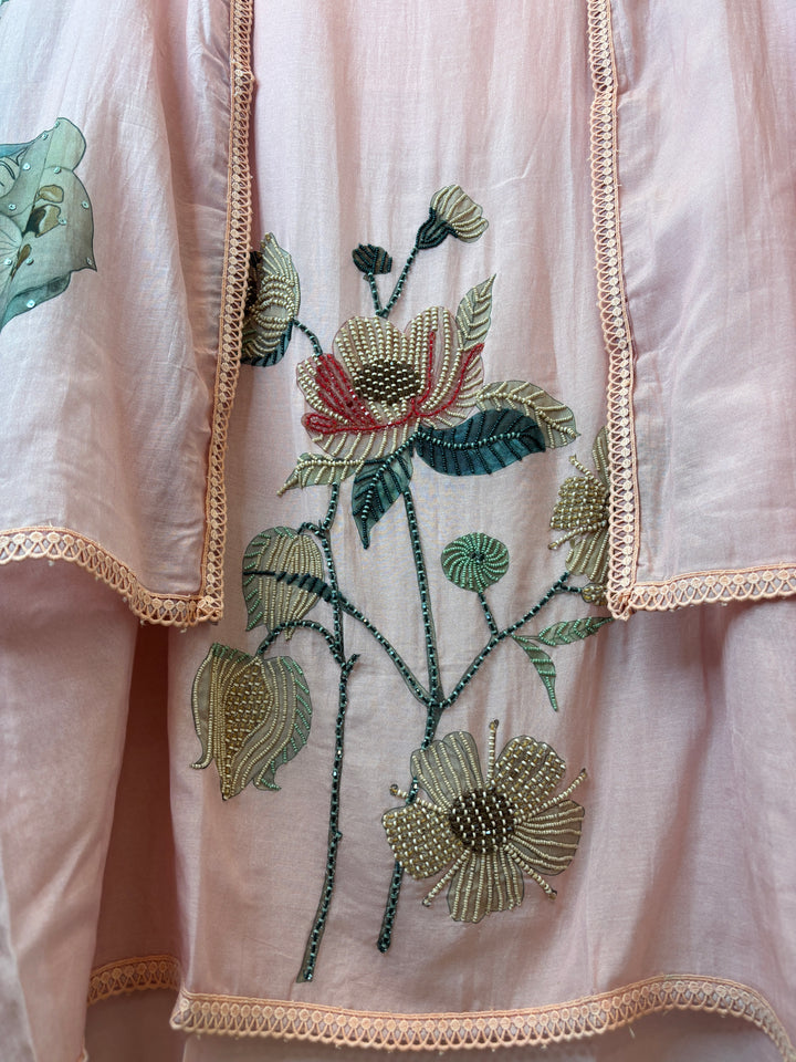 Pink Mul Chanderi Floral Printed Handwork Unstitched Suit