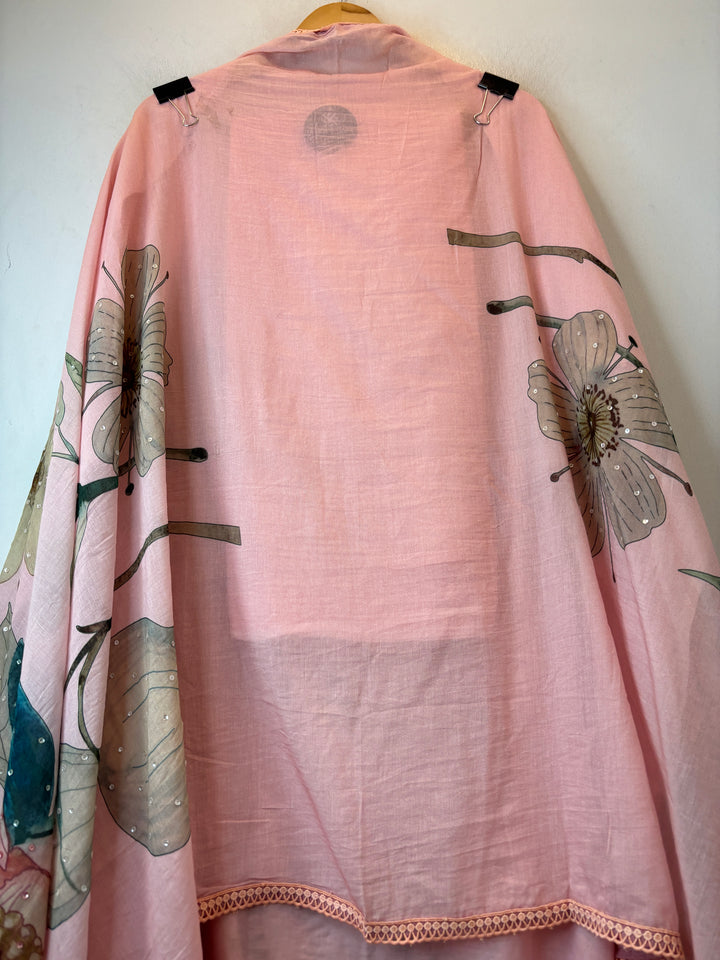 Pink Mul Chanderi Floral Printed Handwork Unstitched Suit