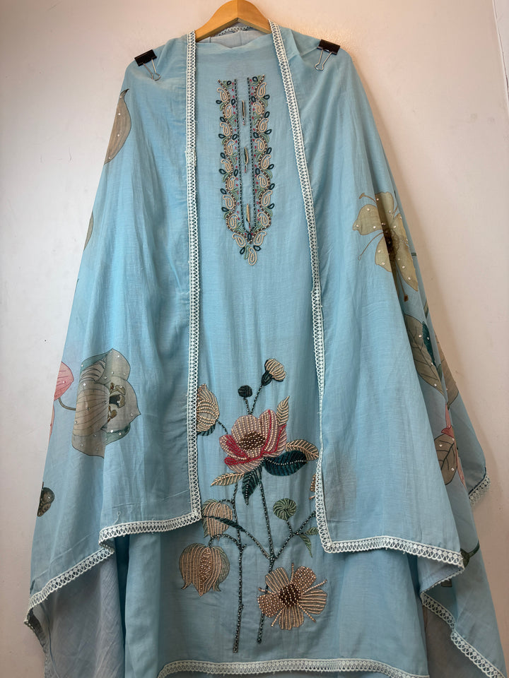 Blue Mul Chanderi Floral Printed Handwork Unstitched Suit