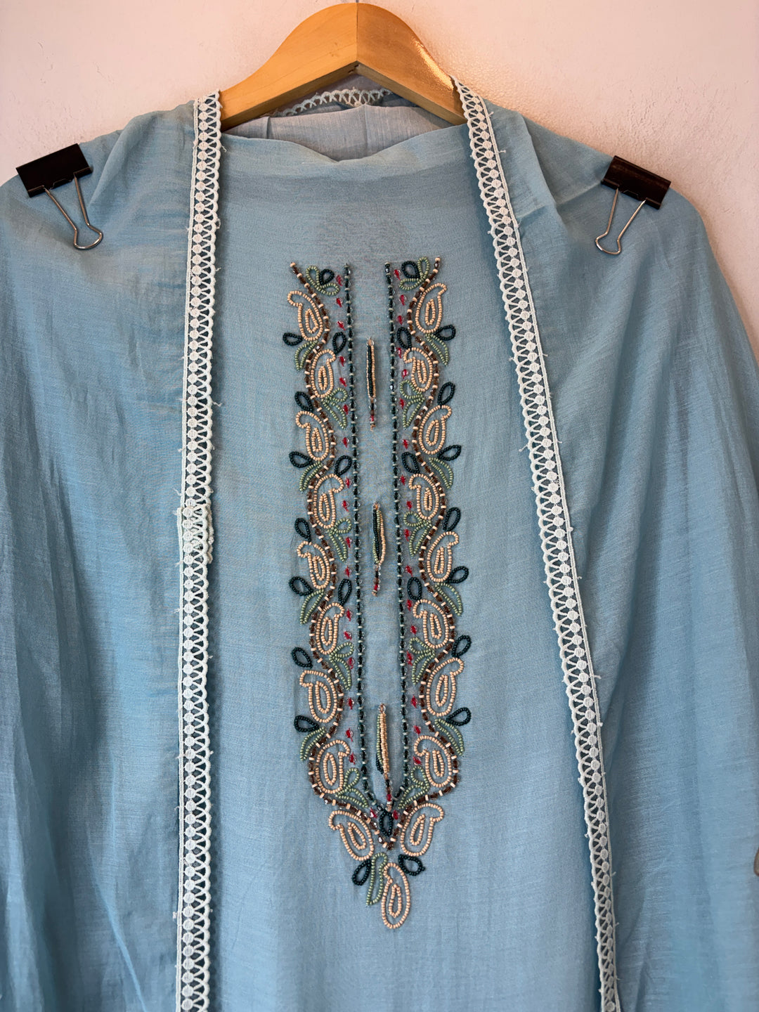 Blue Mul Chanderi Floral Printed Handwork Unstitched Suit
