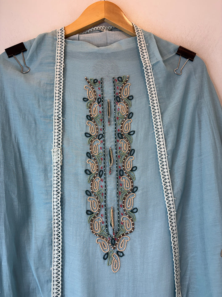 Blue Mul Chanderi Floral Printed Handwork Unstitched Suit