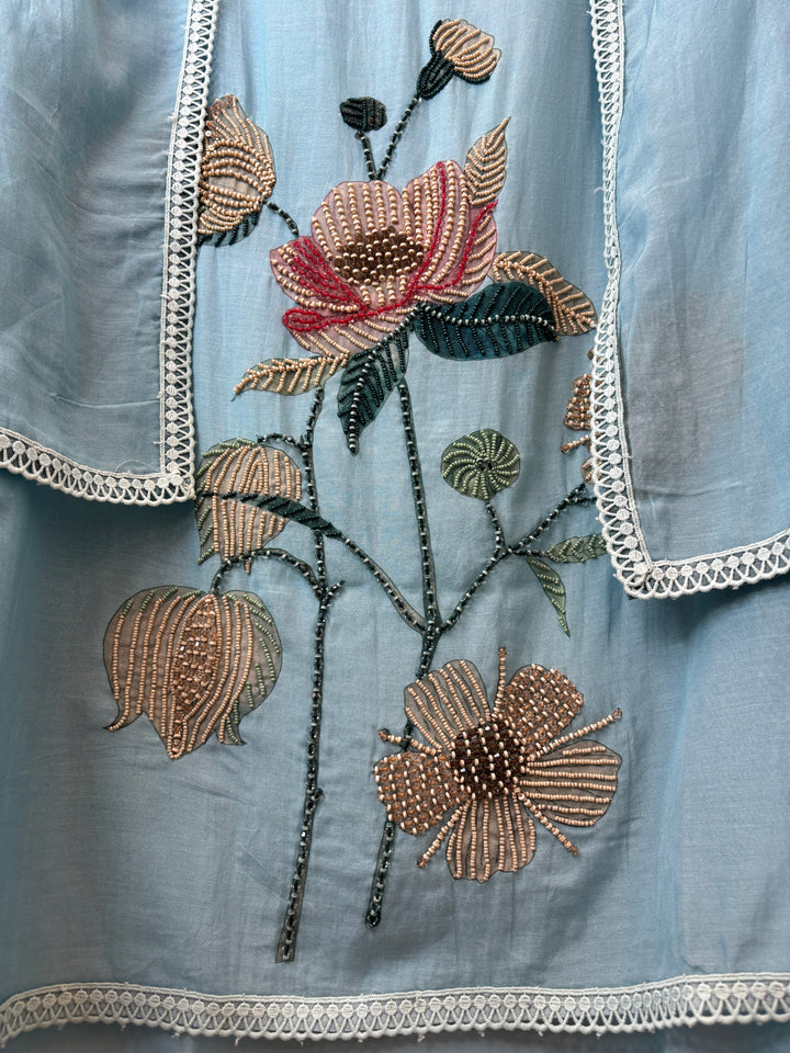 Blue Mul Chanderi Floral Printed Handwork Unstitched Suit