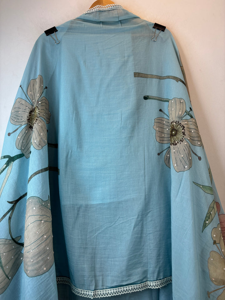 Blue Mul Chanderi Floral Printed Handwork Unstitched Suit