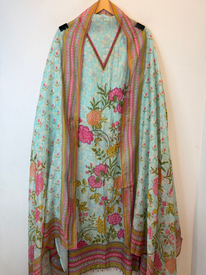 Mehvish – Green Mul Cotton Digital Handwork Suit