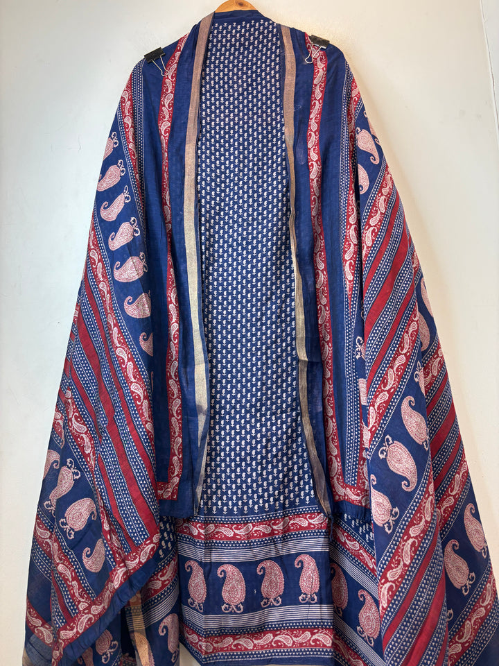 Blue Maheshwari Paisley Print Unstitched Suit