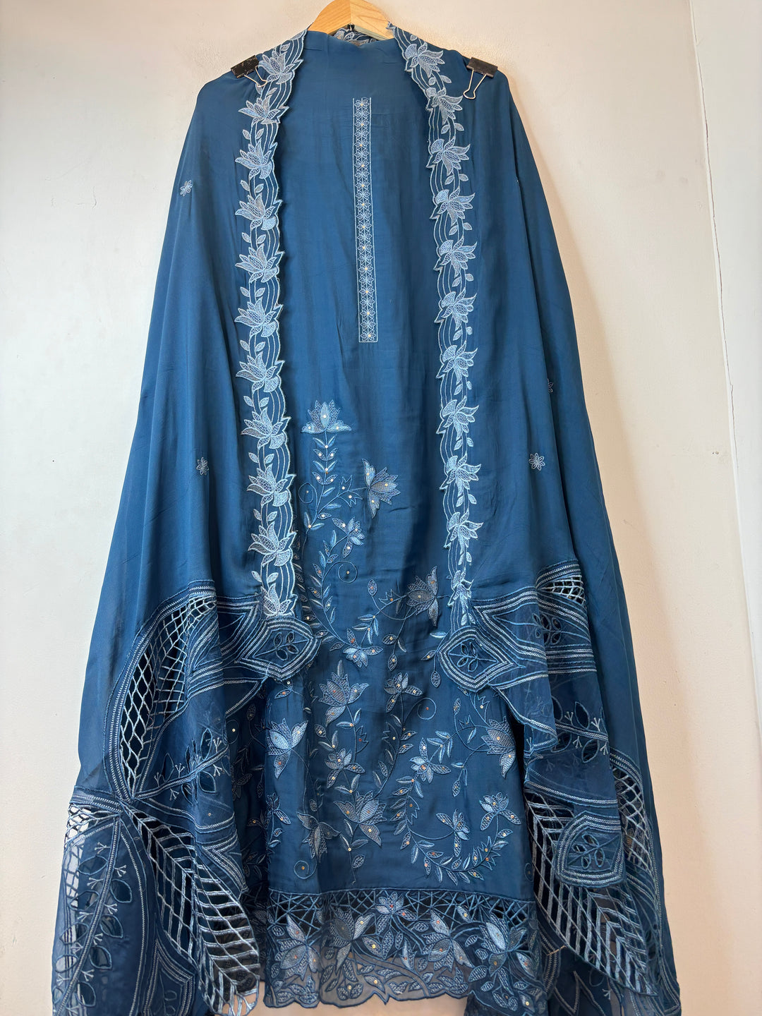 Noorina – Blue Twill Organza Embroidered Suit