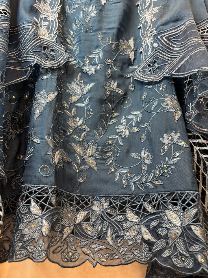 Noorina – Blue Twill Organza Embroidered Suit