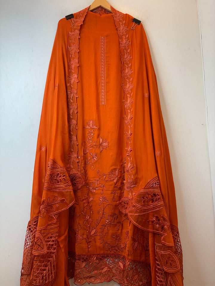 Noorina – Orange Twill Organza Embroidered Suit