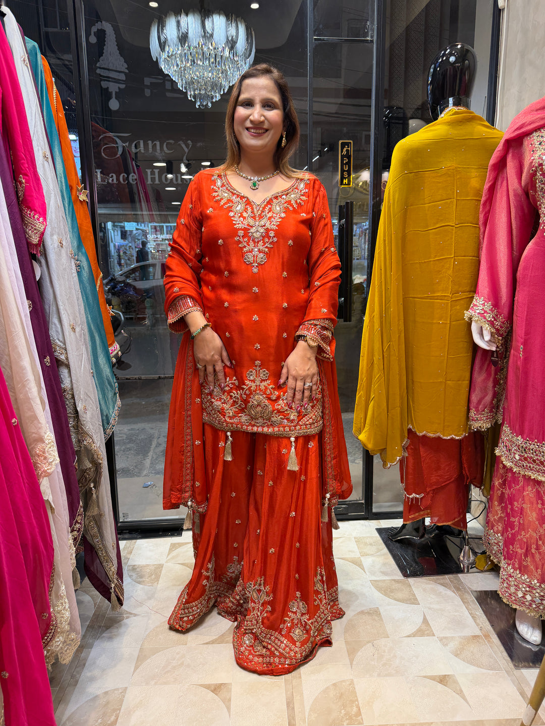 Zehvaya – Orange Chinon Beaded Sharara Set