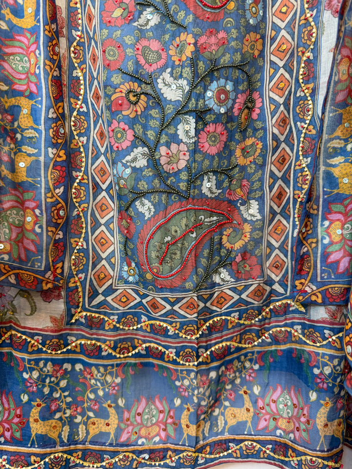 Mirella – Blue Mul Cotton Printed Sequin Suit