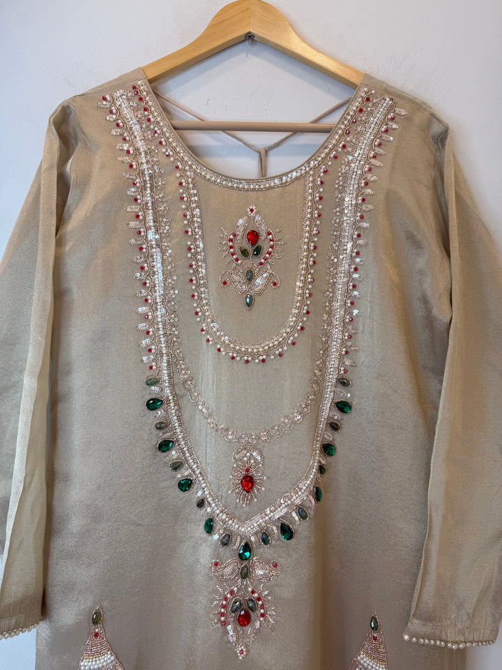Jhumara – Beige Stitched Tissue Festive Set