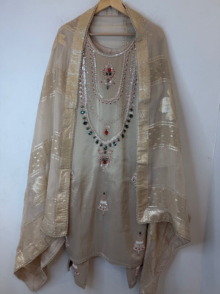 Jhumara – Beige Stitched Tissue Festive Set