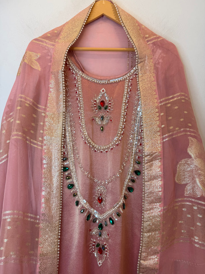 Jhumara – Pink Stitched Tissue Festive Set