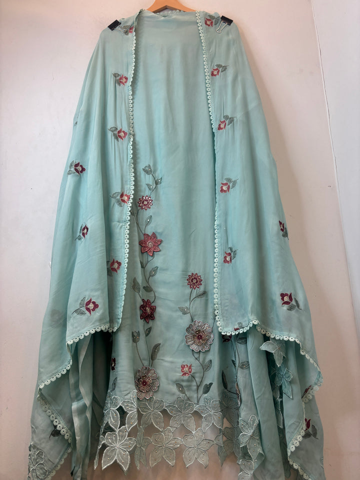 Zariya – Powder Blue Twill Organza Floral Suit