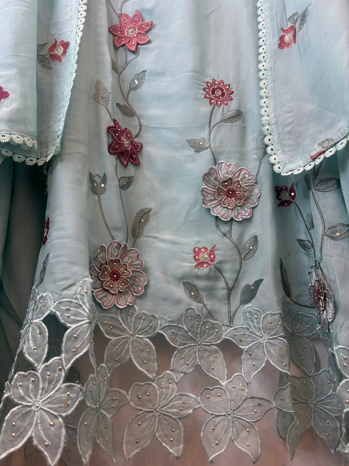 Zariya – Powder Blue Twill Organza Floral Suit