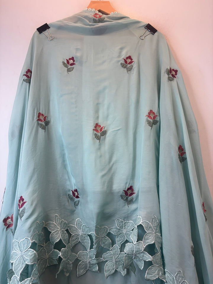 Zariya – Powder Blue Twill Organza Floral Suit