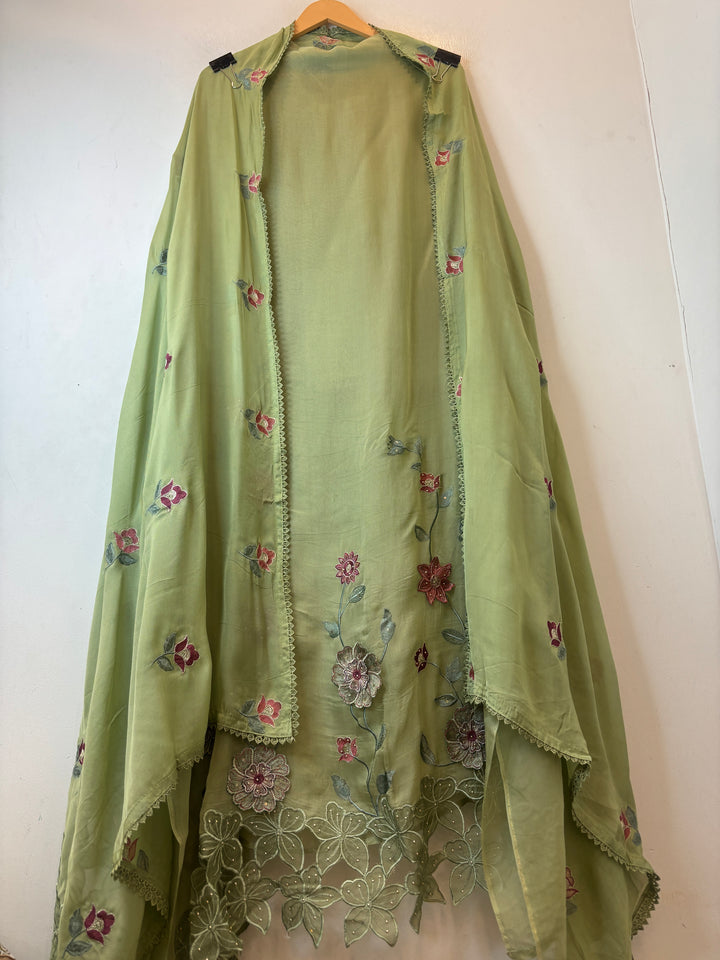 Zariya – Green Twill Organza Floral Suit