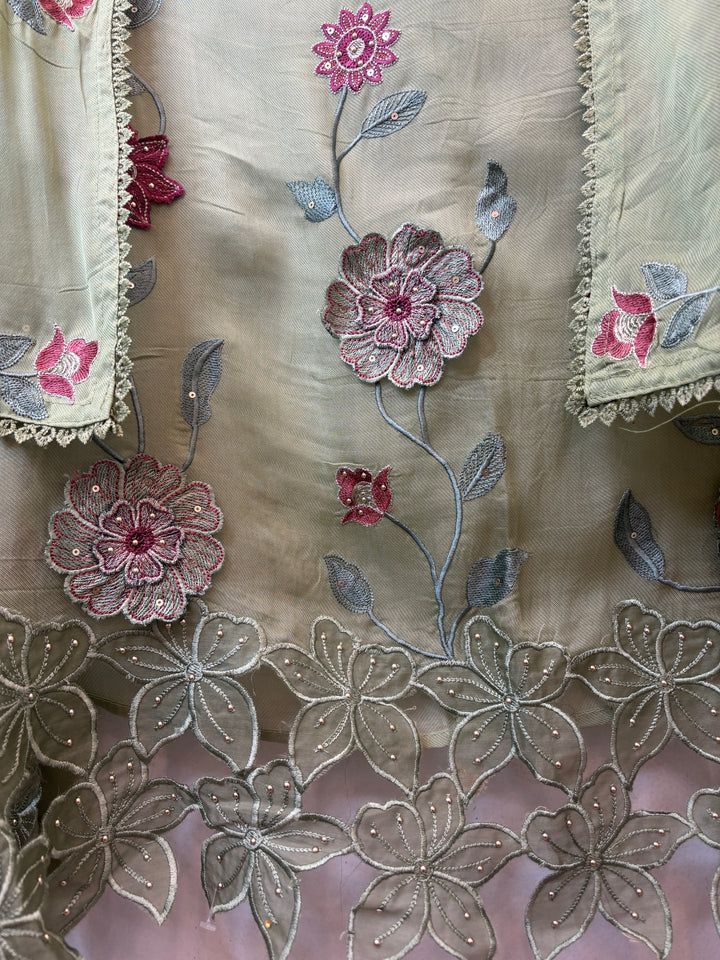 Zariya – Green Twill Organza Floral Suit