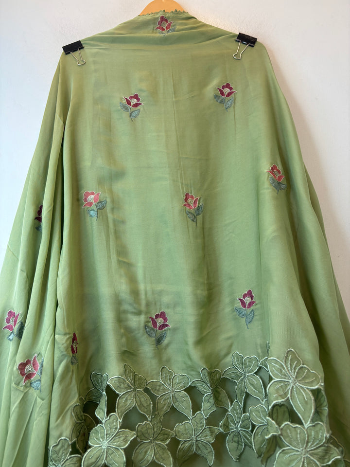 Zariya – Green Twill Organza Floral Suit