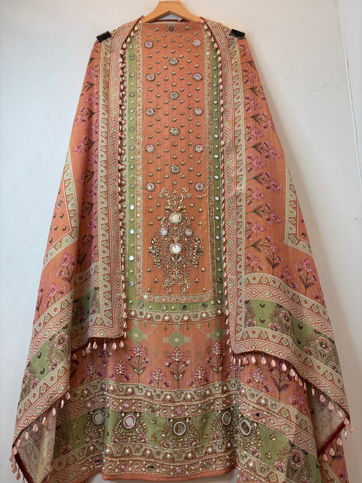 Zareva – Orange Crushed Tissue Pearl Handwork Suit