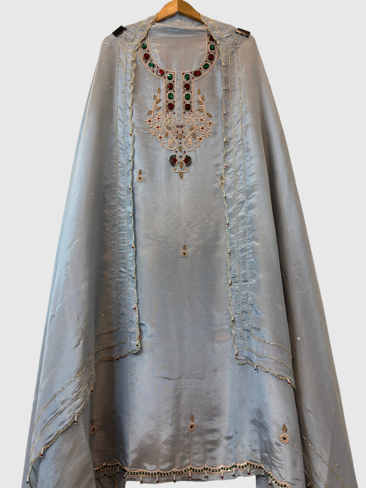 Noor-e-Zar – Powder Blue Tissue Handcrafted Suit