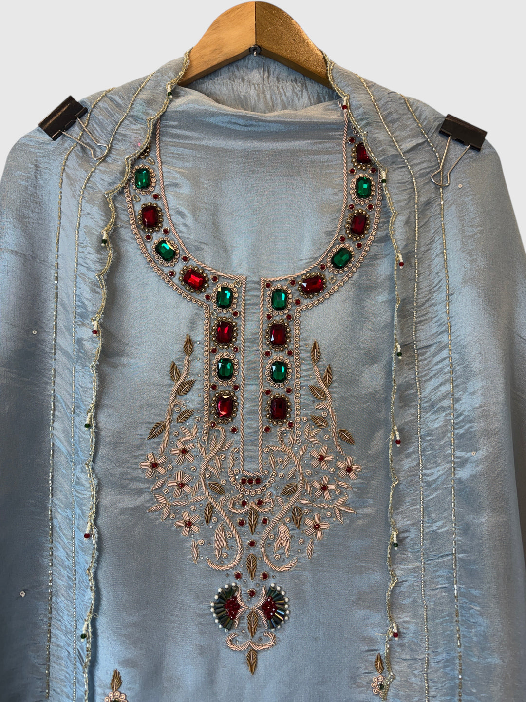 Noor-e-Zar – Powder Blue Tissue Handcrafted Suit