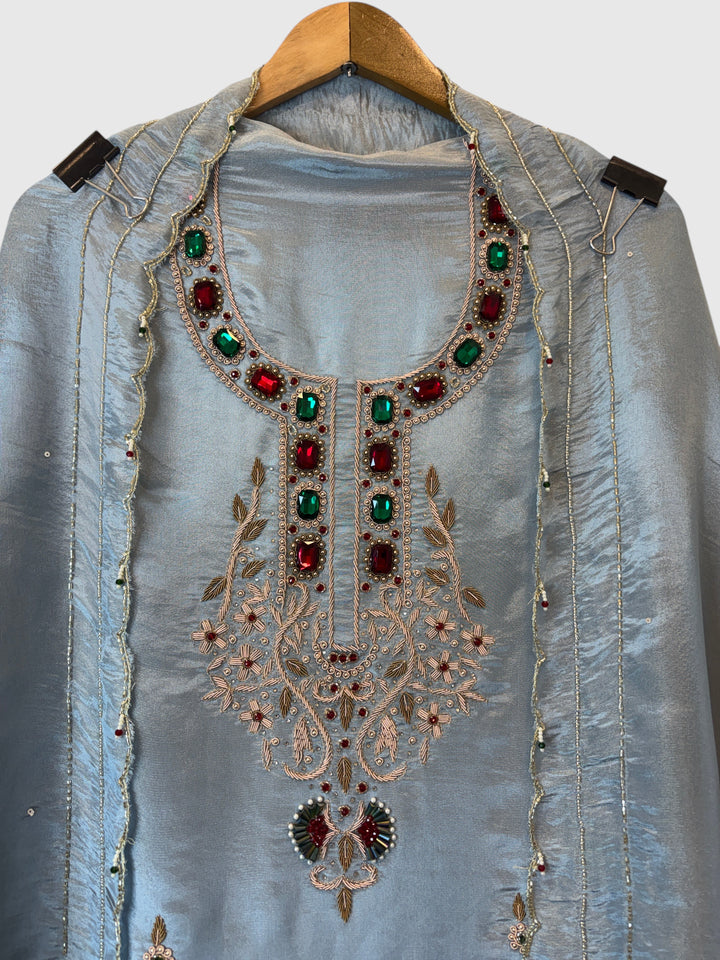 Noor-e-Zar – Powder Blue Tissue Handcrafted Suit