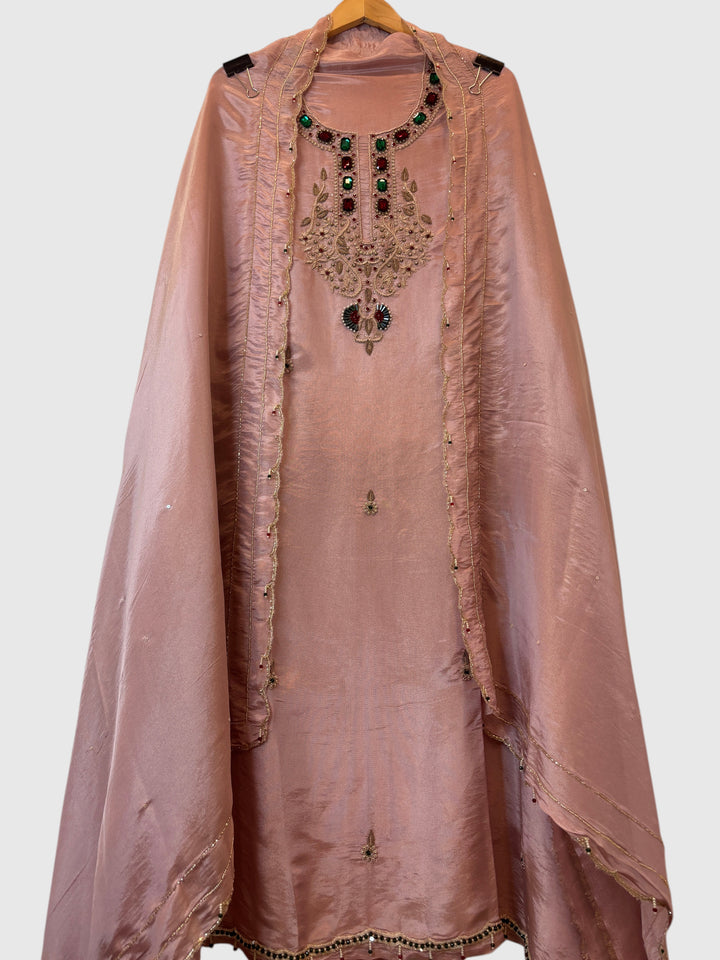 Noor-e-Zar – Dusty Rose Pink Tissue Handcrafted Suit