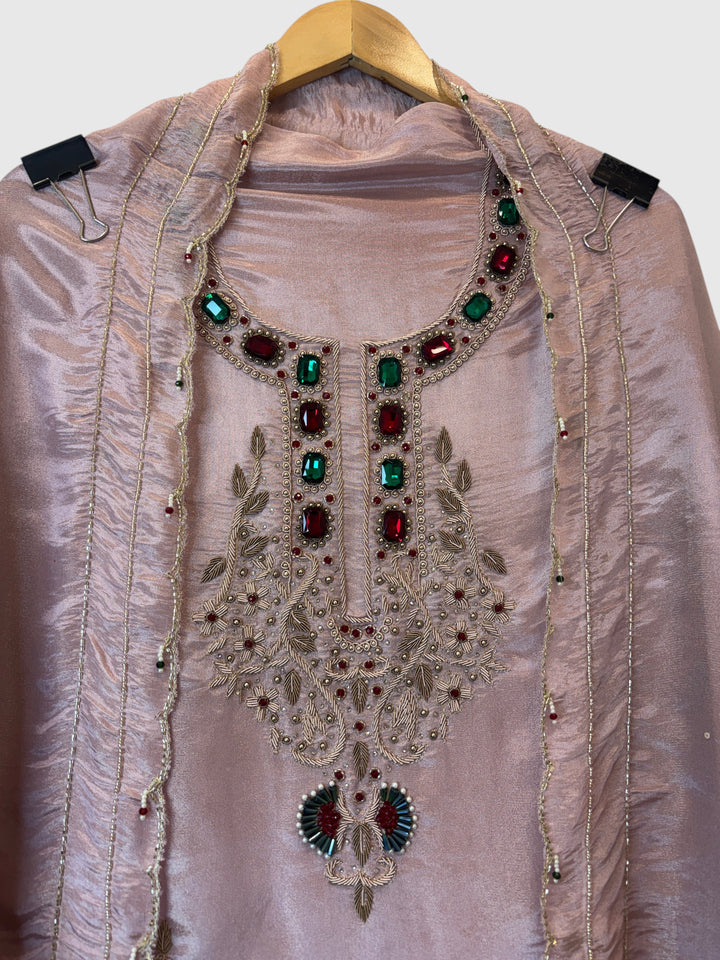 Noor-e-Zar – Dusty Rose Pink Tissue Handcrafted Suit