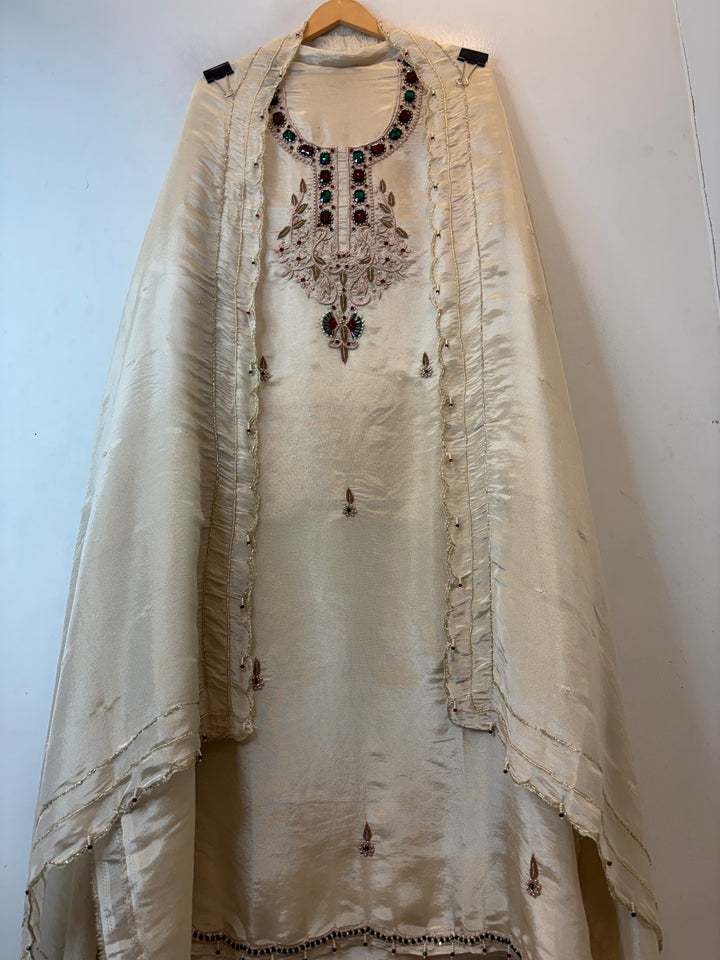 Noor-e-Zar – Ivory Tissue Handcrafted Suit