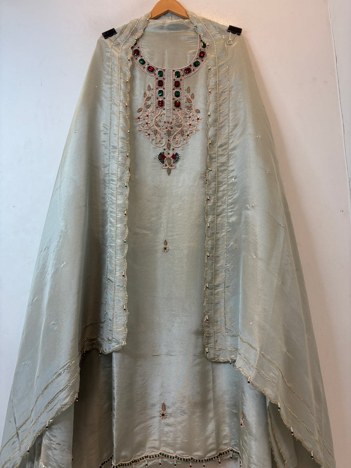 Noor-e-Zar – Light Ice Blue Tissue Handcrafted Suit