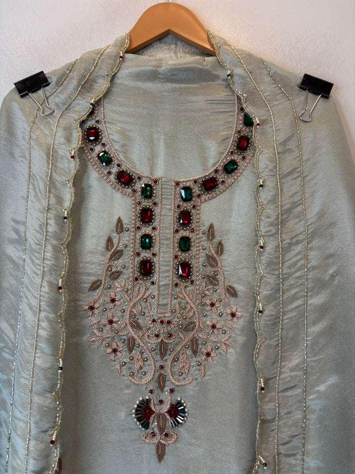 Noor-e-Zar – Light Ice Blue Tissue Handcrafted Suit